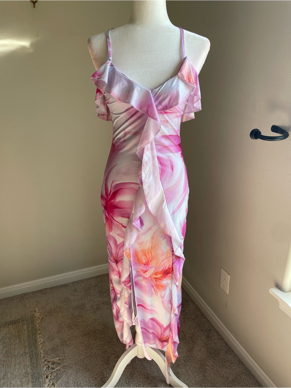 Pink Floral Ruffled Maxi Dress with Romantic Hibiscus flowers and V-neck